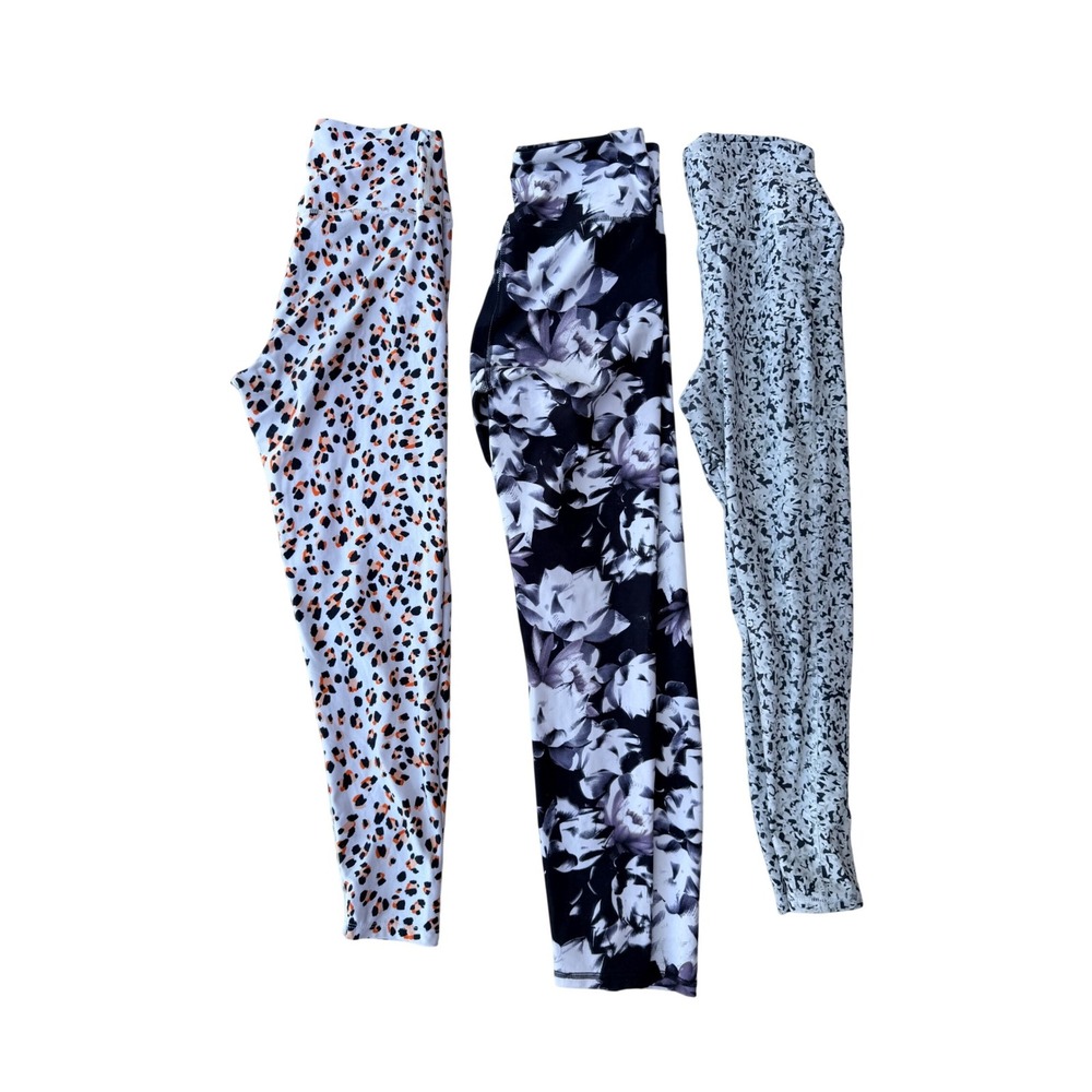 3 Pc Leggings Bundle Sz M Floral Leopard Speckled Activewear Gorpcore High Waist